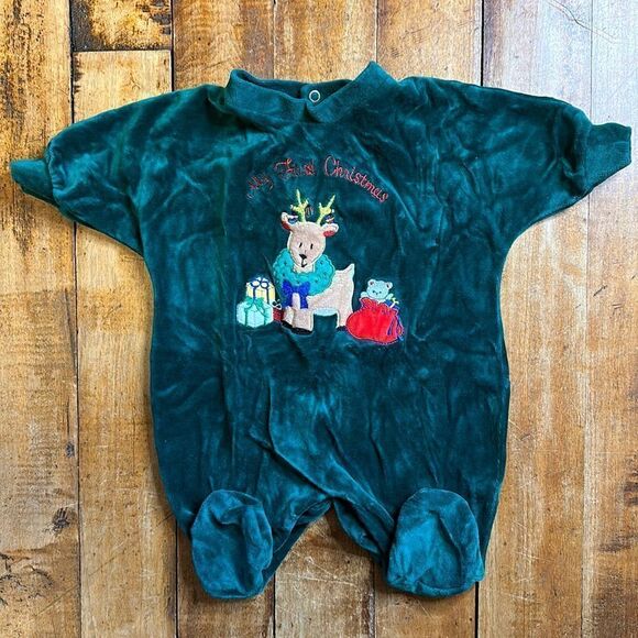 Little Me My First Christmas Outfit 3 months green velour Christmas vintage - Picture 1 of 5